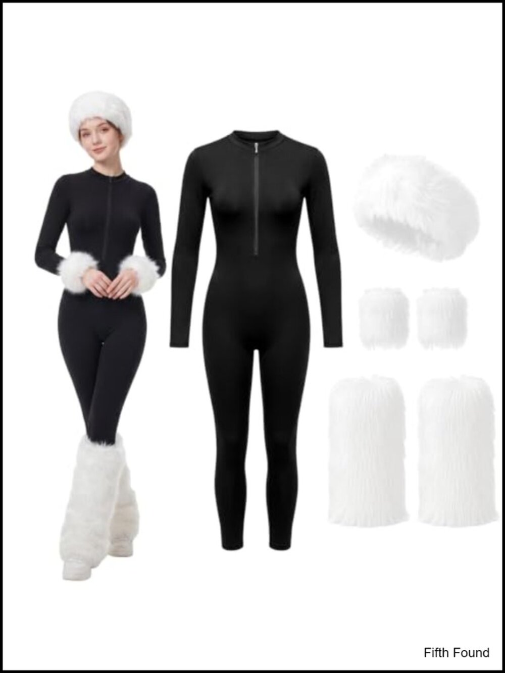 Fuzzy Faux Fur 4 Pc Set Long Sleeve Zip Jumpsuit Leg Warmers Headband Wrist